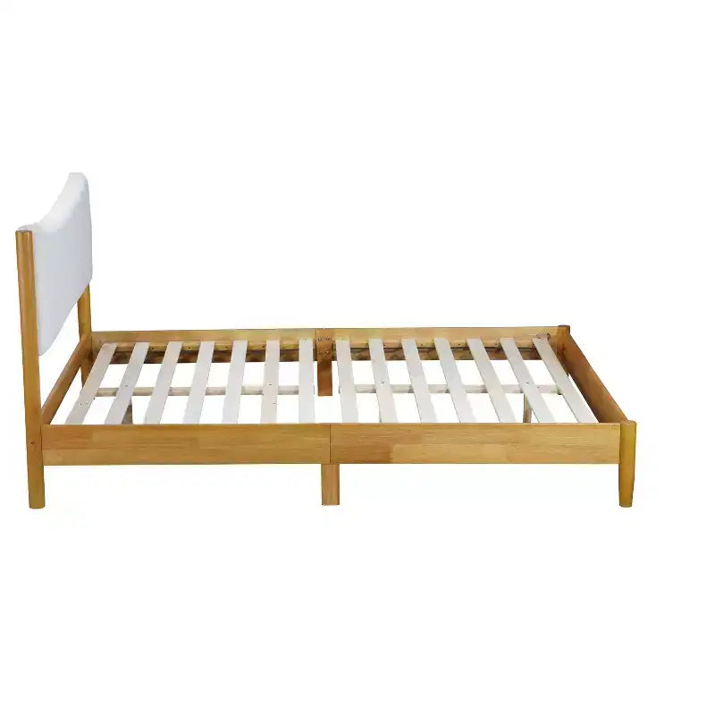 Queen Size Rubberwood Platform Bed with Teddy Velvet Upholstered Headboard