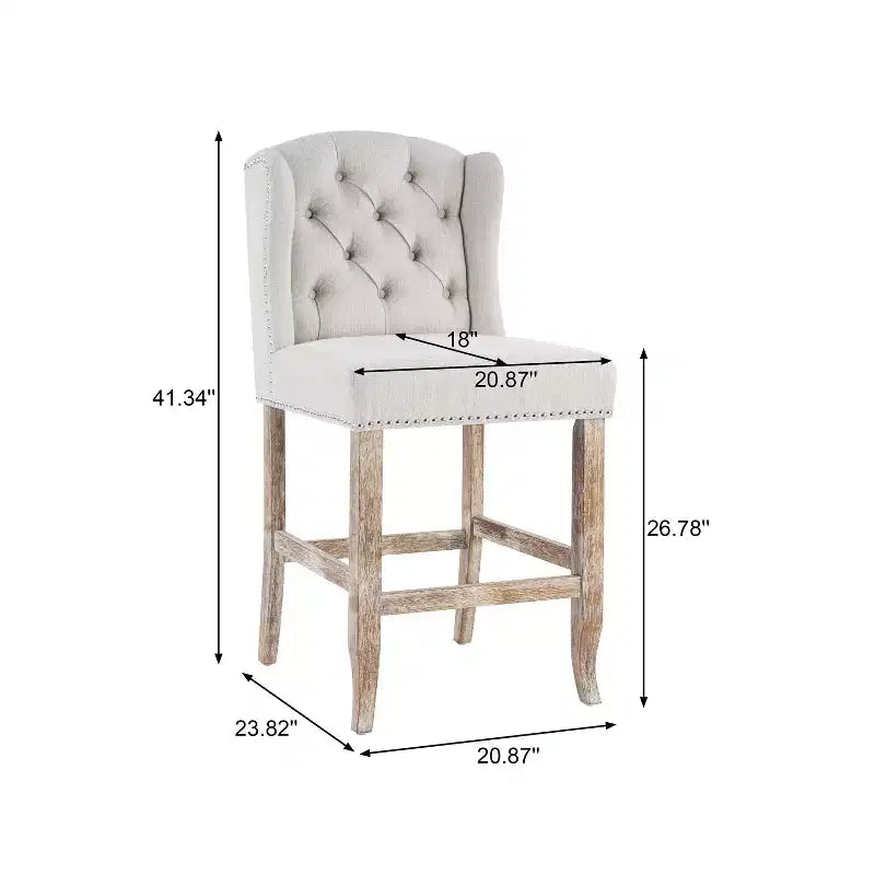 Contemporary Wingback Button-Tufted Counter Stools Set of 2, Rubberwood, 26.78"H