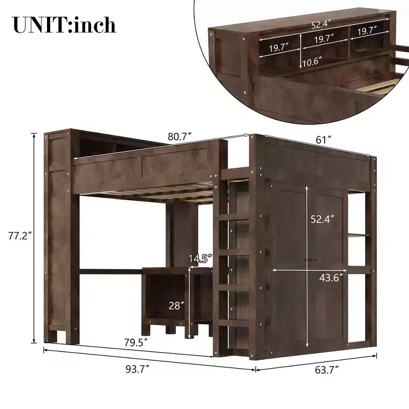 Queen Loft Bed Frame with Built-In Wardrobe, Desk & Headboard Storage, 650 lb Cap