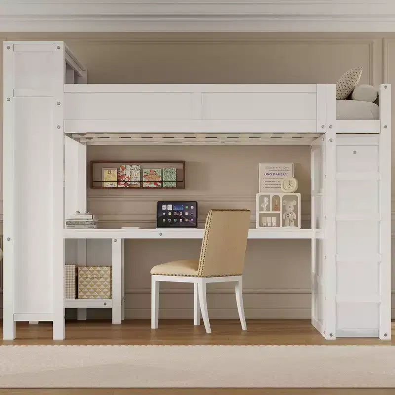 Queen Loft Bed Frame with Built-In Wardrobe, Desk & Headboard Storage, 650 lb Cap