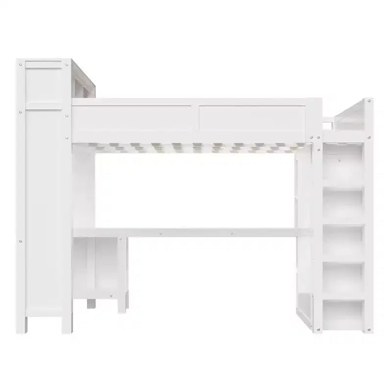 Queen Loft Bed Frame with Built-In Wardrobe, Desk & Headboard Storage, 650 lb Cap