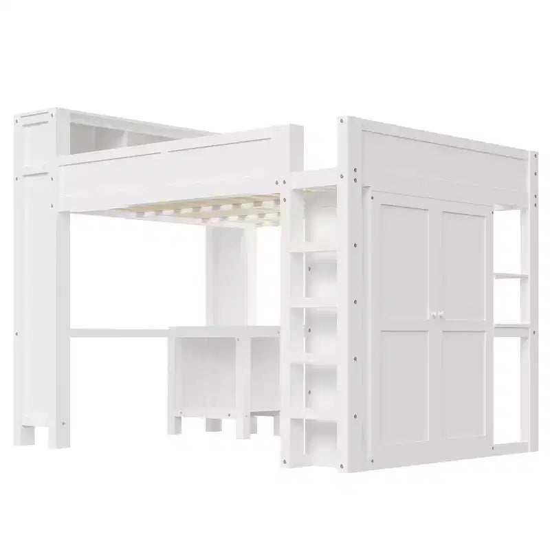 Queen Loft Bed Frame with Built-In Wardrobe, Desk & Headboard Storage, 650 lb Cap