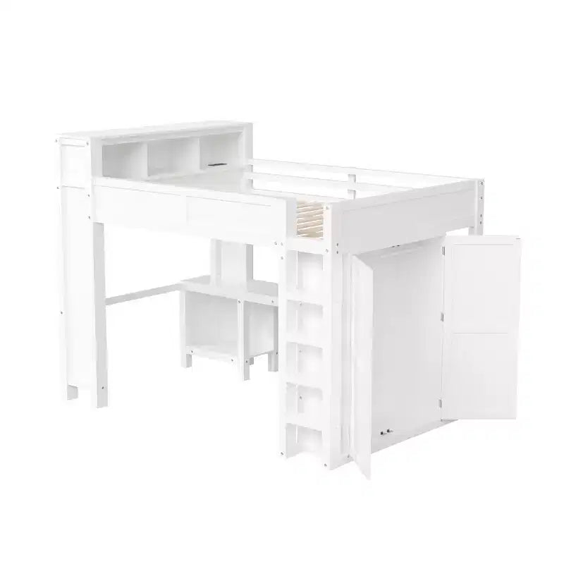 Queen Loft Bed Frame with Built-In Wardrobe, Desk & Headboard Storage, 650 lb Cap