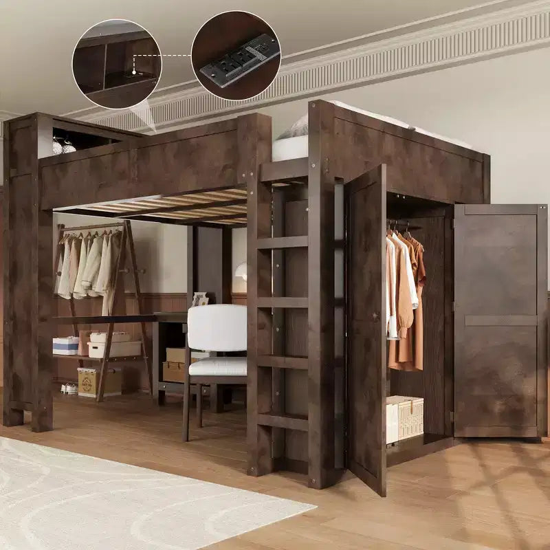 Queen Loft Bed Frame with Built-In Wardrobe, Desk & Headboard Storage, 650 lb Cap
