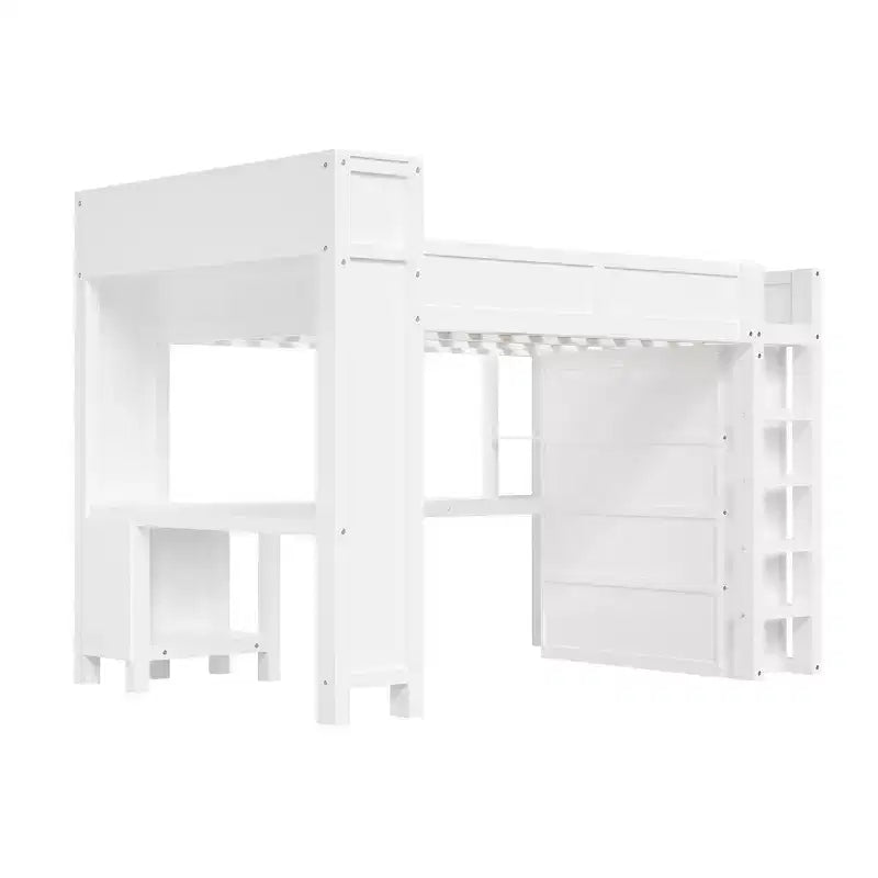 Queen Loft Bed Frame with Built-In Wardrobe, Desk & Headboard Storage, 650 lb Cap