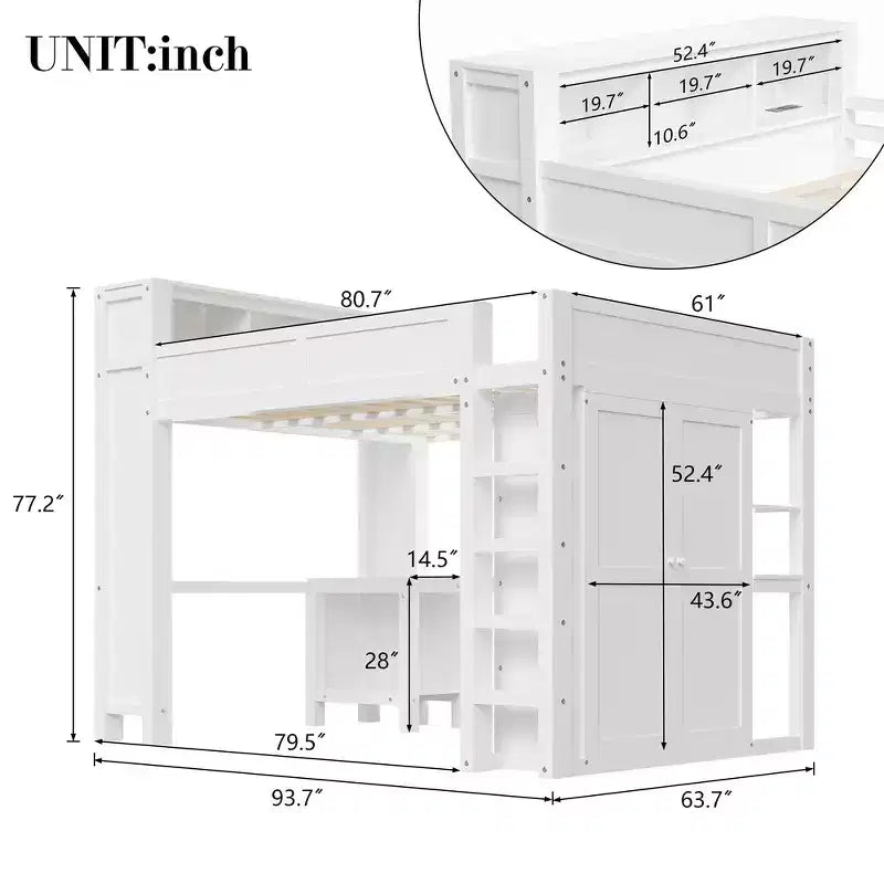 Queen Loft Bed Frame with Built-In Wardrobe, Desk & Headboard Storage, 650 lb Cap