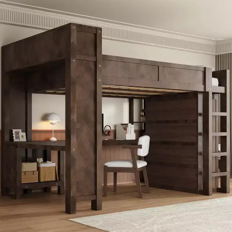 Queen Loft Bed Frame with Built-In Wardrobe, Desk & Headboard Storage, 650 lb Cap