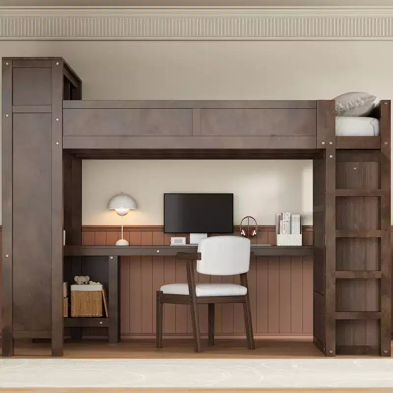 Queen Loft Bed Frame with Built-In Wardrobe, Desk & Headboard Storage, 650 lb Cap