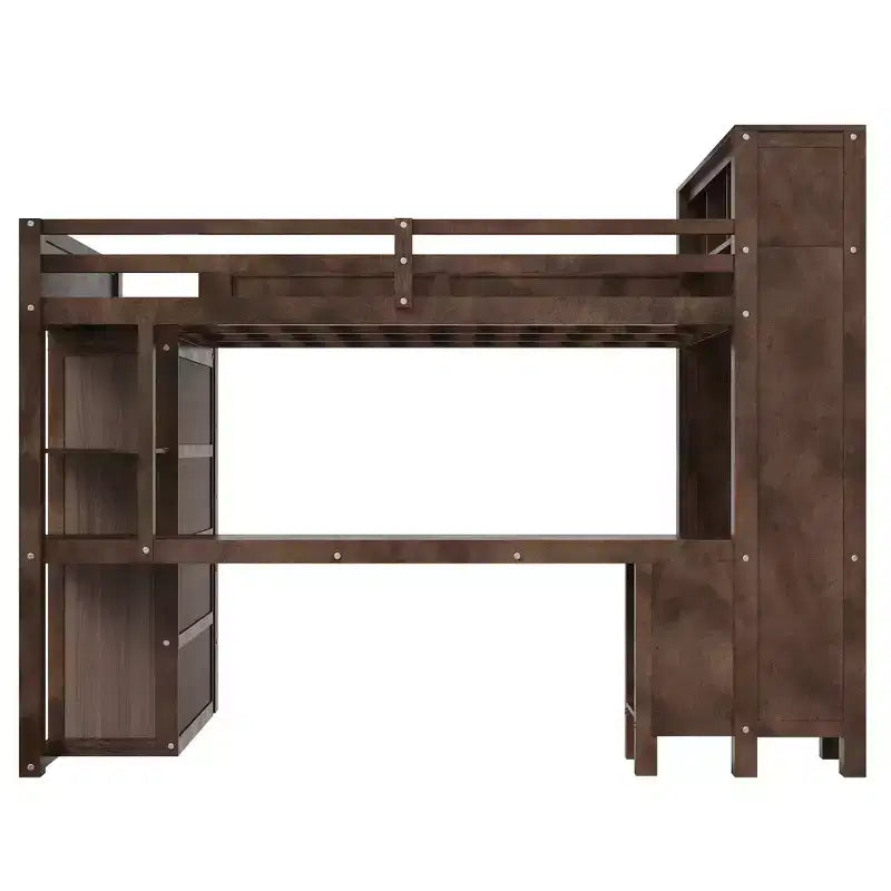 Queen Loft Bed Frame with Built-In Wardrobe, Desk & Headboard Storage, 650 lb Cap