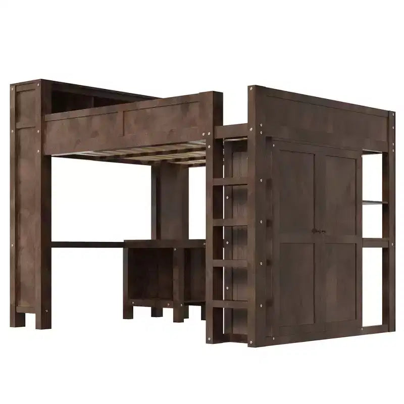 Queen Loft Bed Frame with Built-In Wardrobe, Desk & Headboard Storage, 650 lb Cap