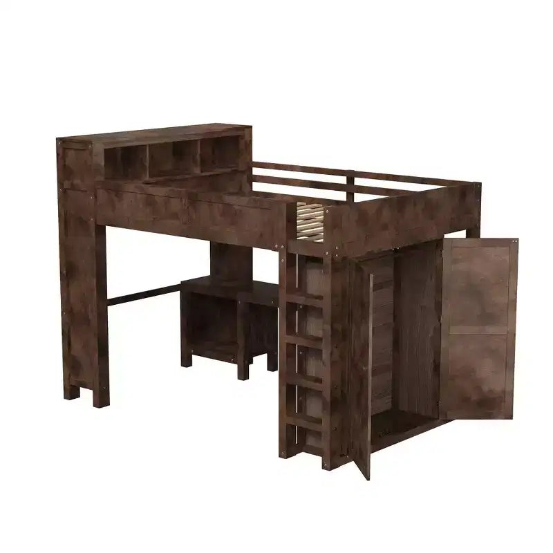 Queen Loft Bed Frame with Built-In Wardrobe, Desk & Headboard Storage, 650 lb Cap