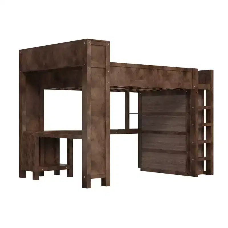 Queen Loft Bed Frame with Built-In Wardrobe, Desk & Headboard Storage, 650 lb Cap