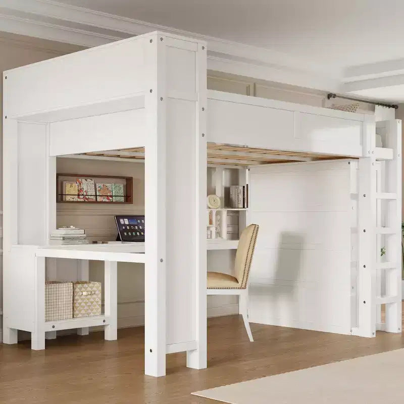 Queen Loft Bed Frame with Built-In Wardrobe, Desk & Headboard Storage, 650 lb Cap