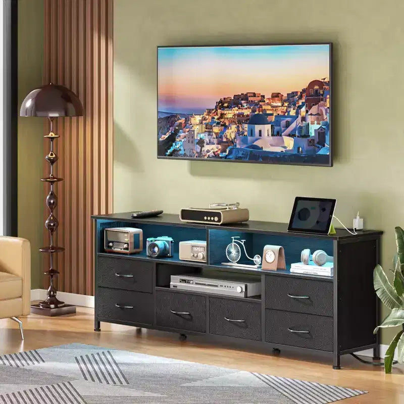 55" Black TV Stand with LED Lights, Charging Station & 6 Fabric Drawers, Fits 60"