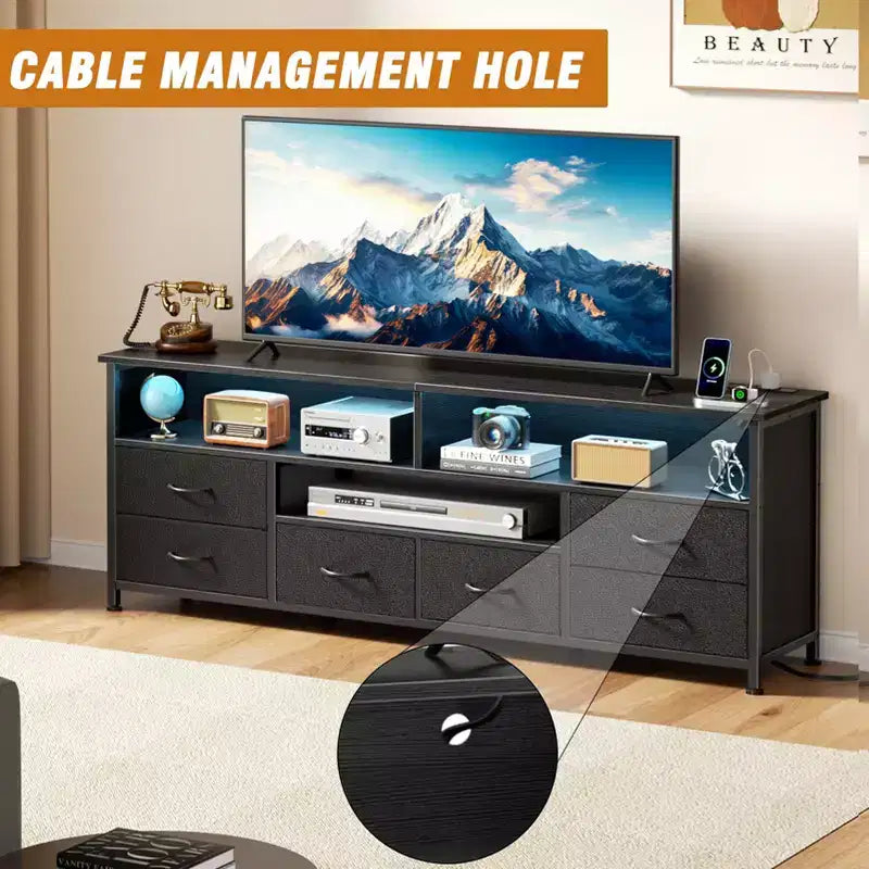 55" Black TV Stand with LED Lights, Charging Station & 6 Fabric Drawers, Fits 60"