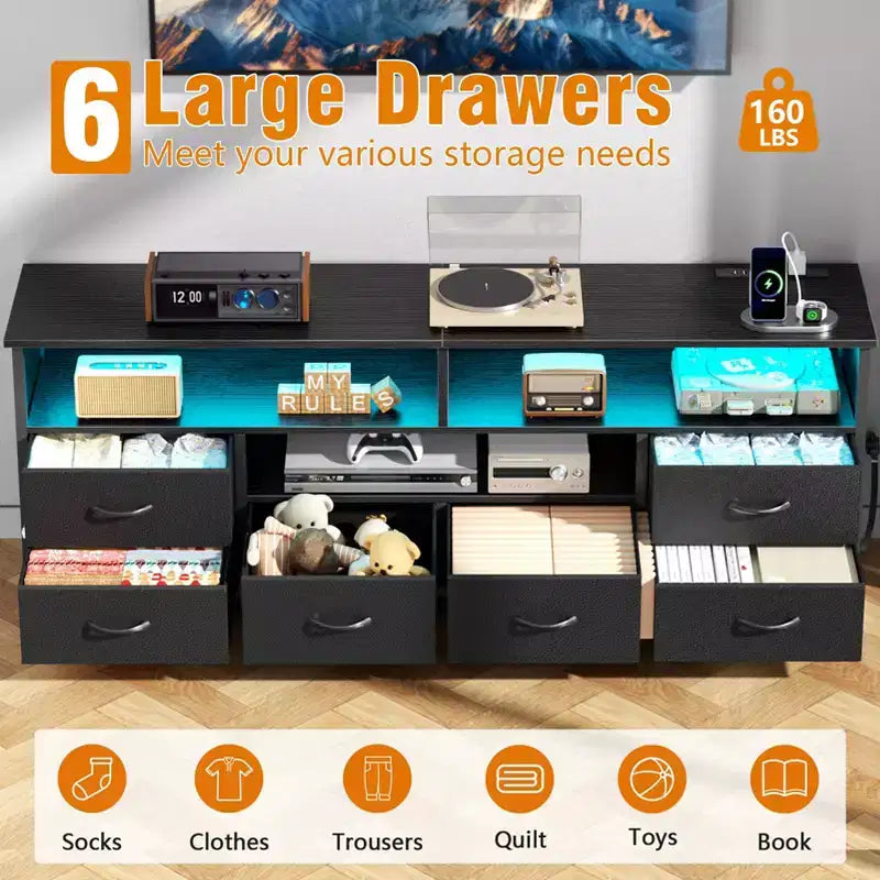 55" Black TV Stand with LED Lights, Charging Station & 6 Fabric Drawers, Fits 60"