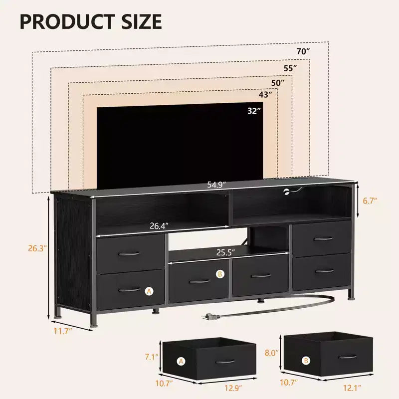 55" Black TV Stand with LED Lights, Charging Station & 6 Fabric Drawers, Fits 60"