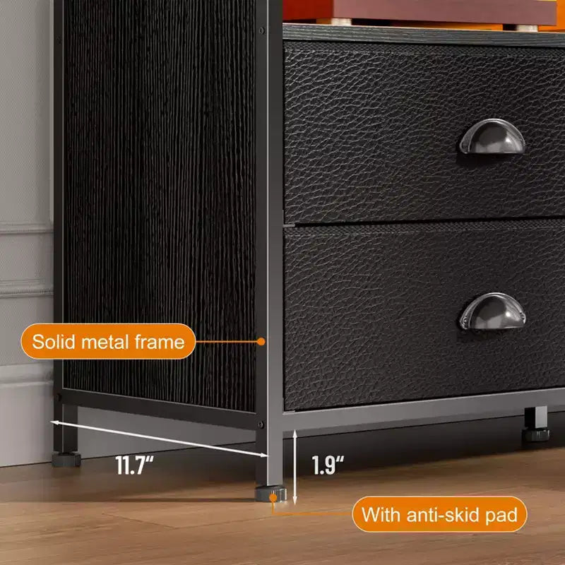 55" Black TV Stand with LED Lights, Charging Station & 6 Fabric Drawers, Fits 60"