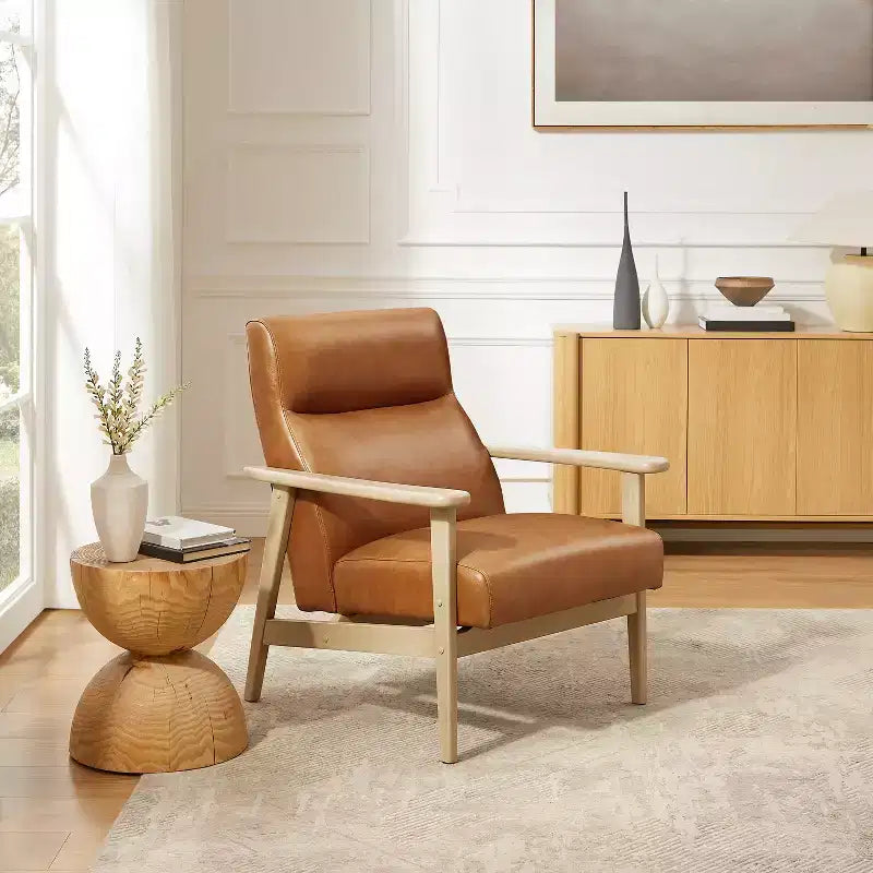 Mid-Century Modern High-Back Genuine Leather Accent Chair with Rubberwood Frame