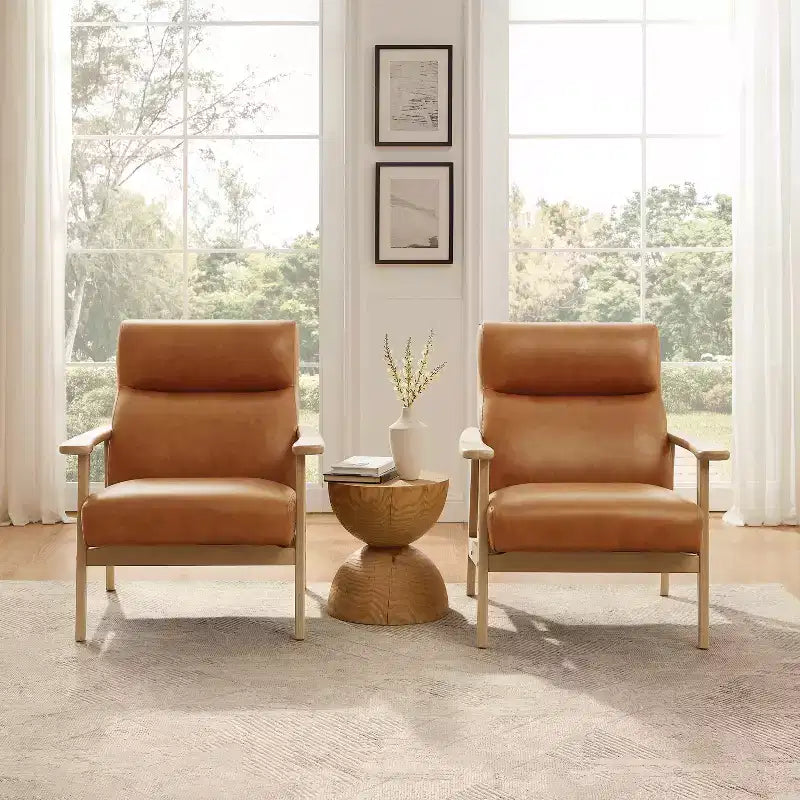 Mid-Century Modern High-Back Genuine Leather Accent Chair with Rubberwood Frame