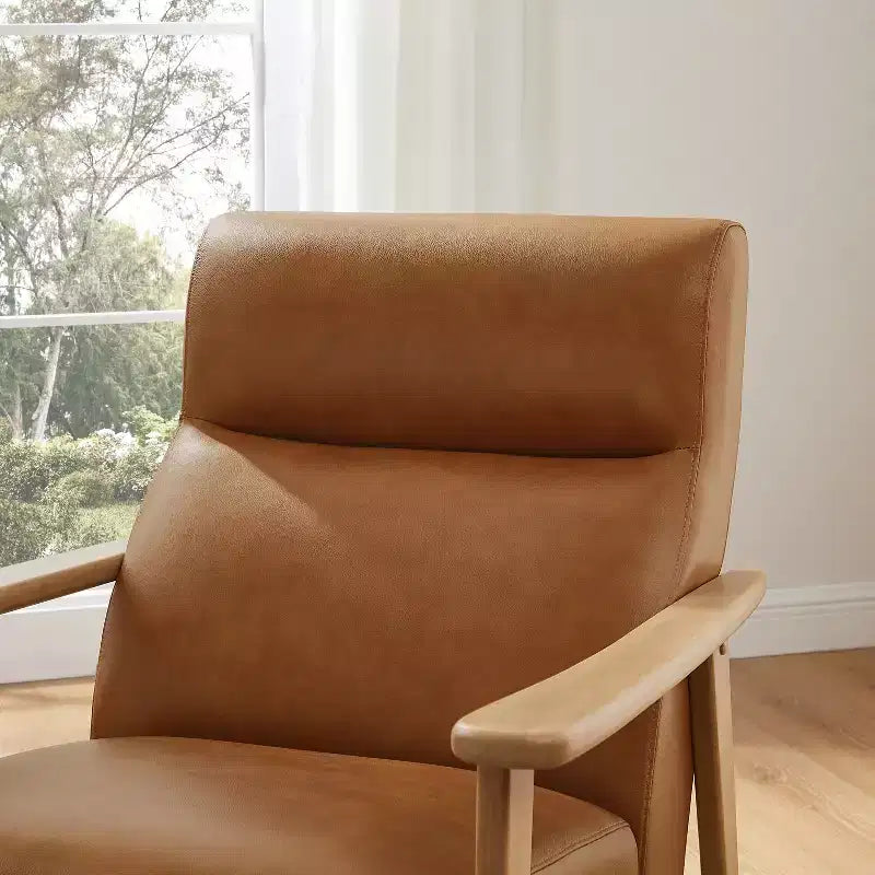 Mid-Century Modern High-Back Genuine Leather Accent Chair with Rubberwood Frame