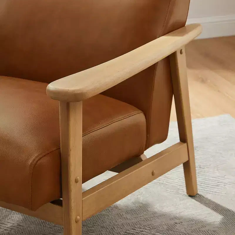 Mid-Century Modern High-Back Genuine Leather Accent Chair with Rubberwood Frame