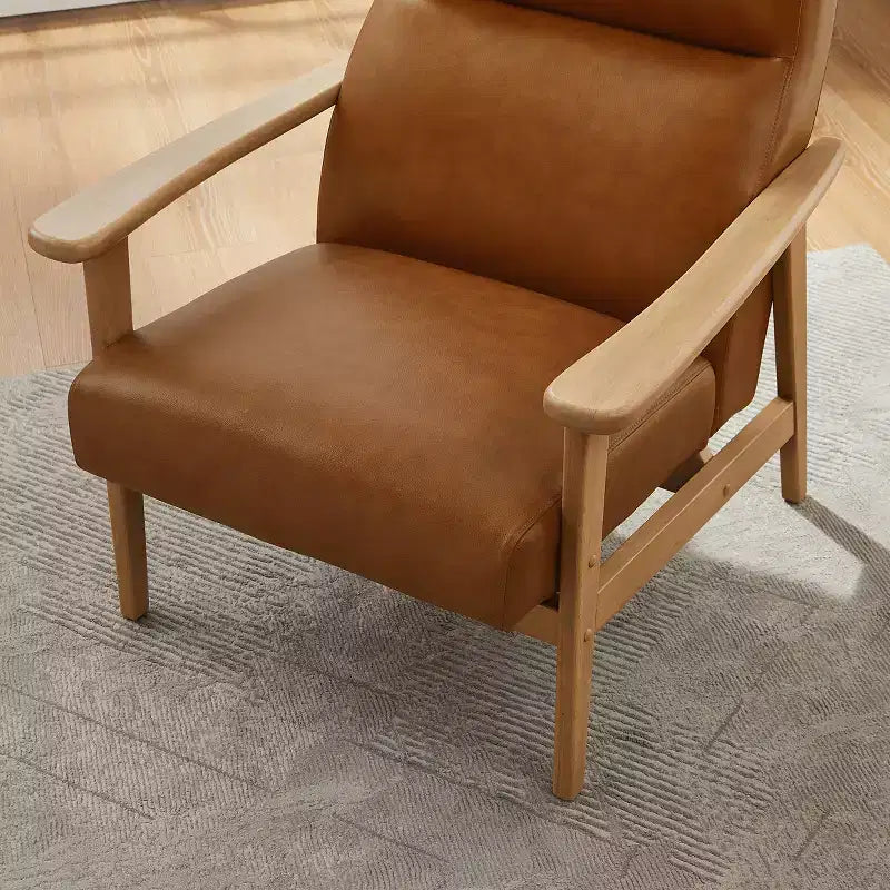 Mid-Century Modern High-Back Genuine Leather Accent Chair with Rubberwood Frame