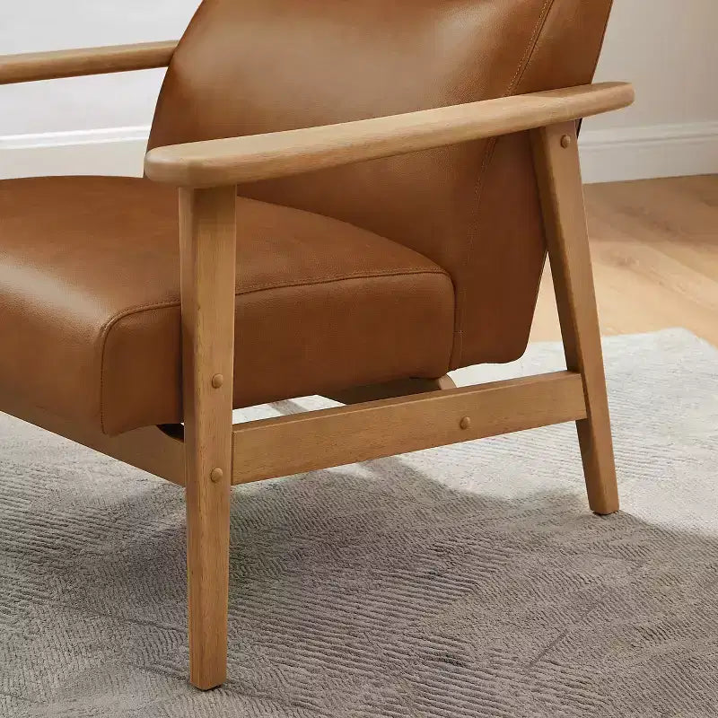 Mid-Century Modern High-Back Genuine Leather Accent Chair with Rubberwood Frame