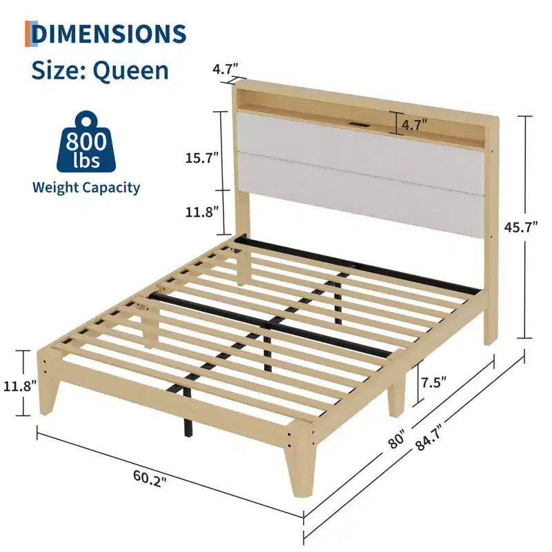 Queen Boucle Platform Bed with RGB LED Lights, Charging Station & Storage Shelf