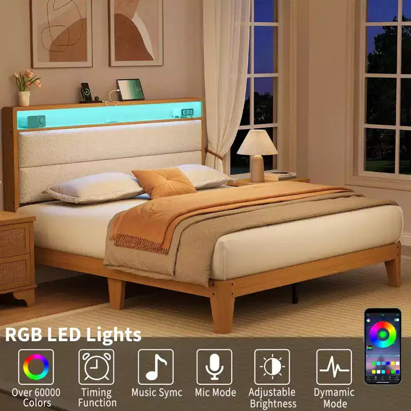 Queen Boucle Platform Bed with RGB LED Lights, Charging Station & Storage Shelf