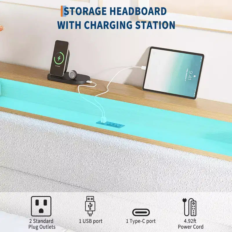 Queen Boucle Platform Bed with RGB LED Lights, Charging Station & Storage Shelf