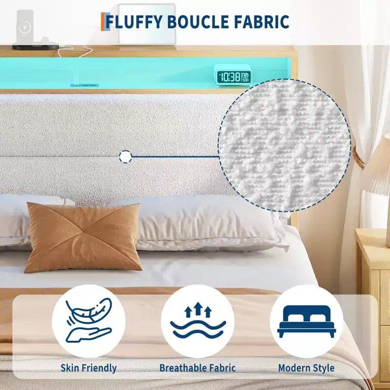 Queen Boucle Platform Bed with RGB LED Lights, Charging Station & Storage Shelf