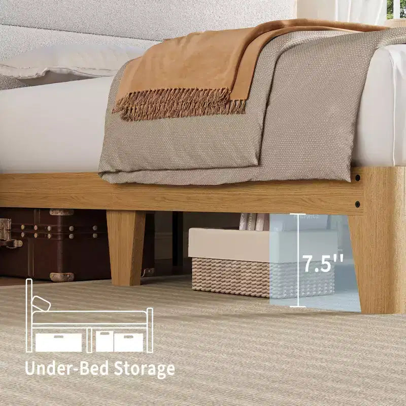 Queen Boucle Platform Bed with RGB LED Lights, Charging Station & Storage Shelf
