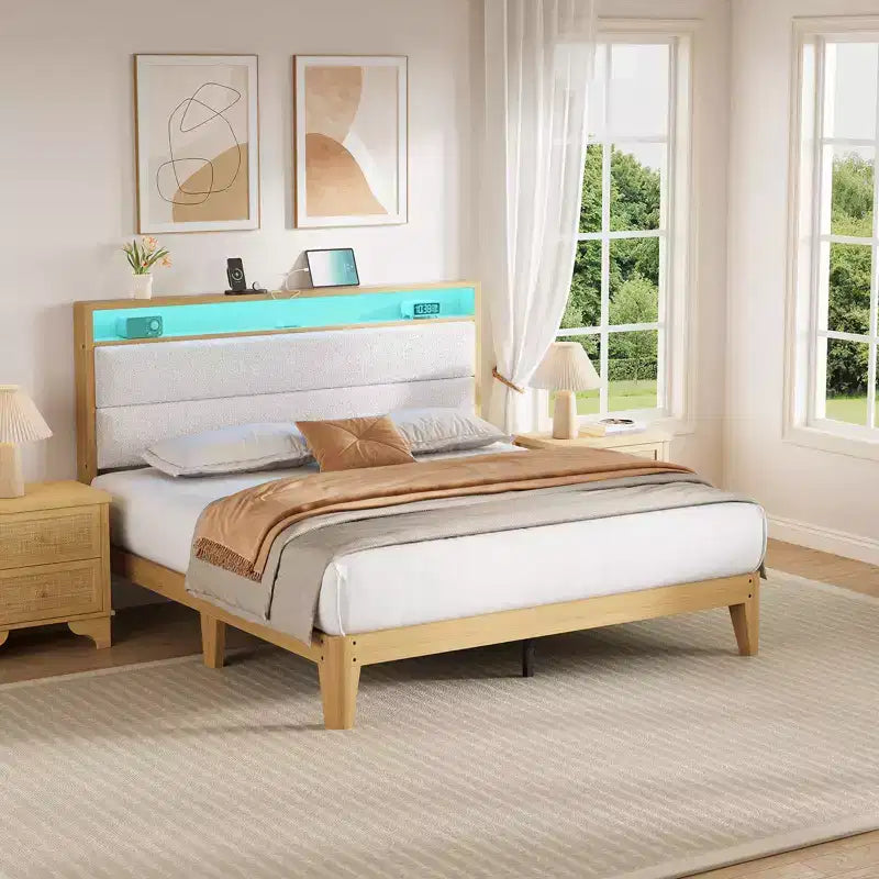 Queen Boucle Platform Bed with RGB LED Lights, Charging Station & Storage Shelf