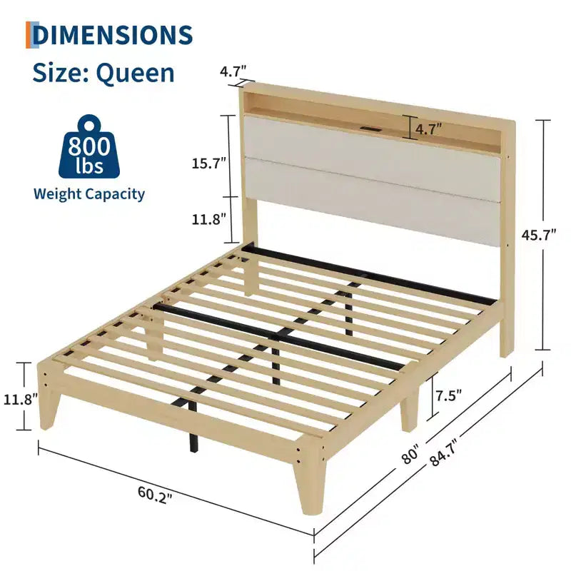 Queen Boucle Platform Bed with RGB LED Lights, Charging Station & Storage Shelf