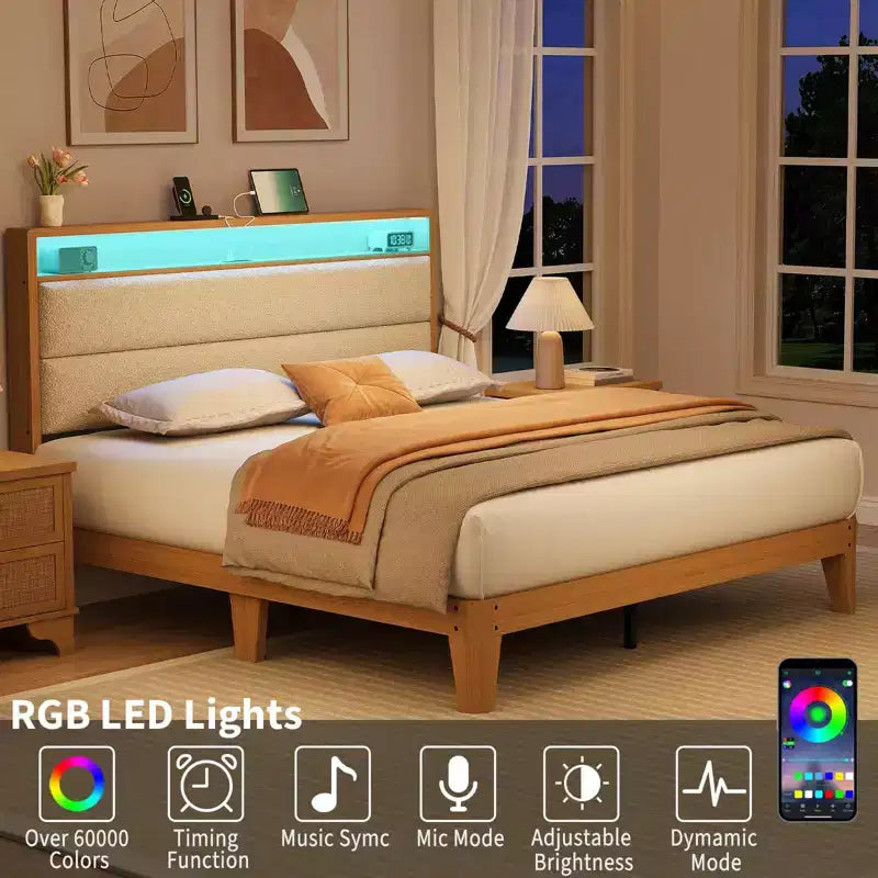 Queen Boucle Platform Bed with RGB LED Lights, Charging Station & Storage Shelf
