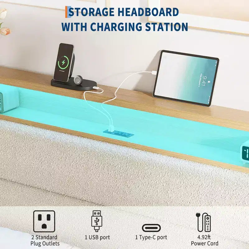 Queen Boucle Platform Bed with RGB LED Lights, Charging Station & Storage Shelf