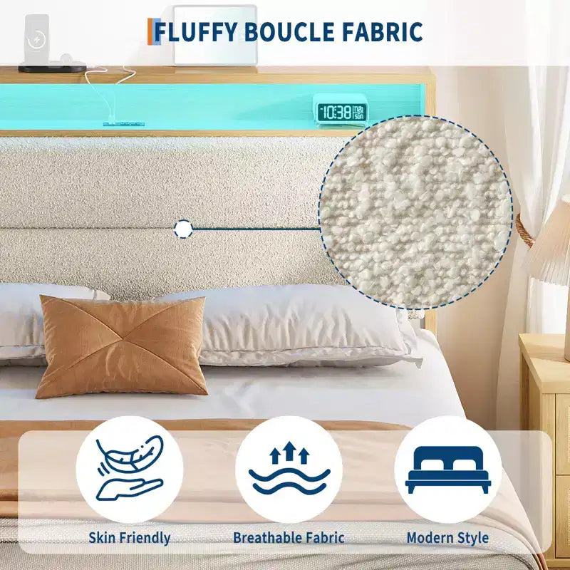 Queen Boucle Platform Bed with RGB LED Lights, Charging Station & Storage Shelf