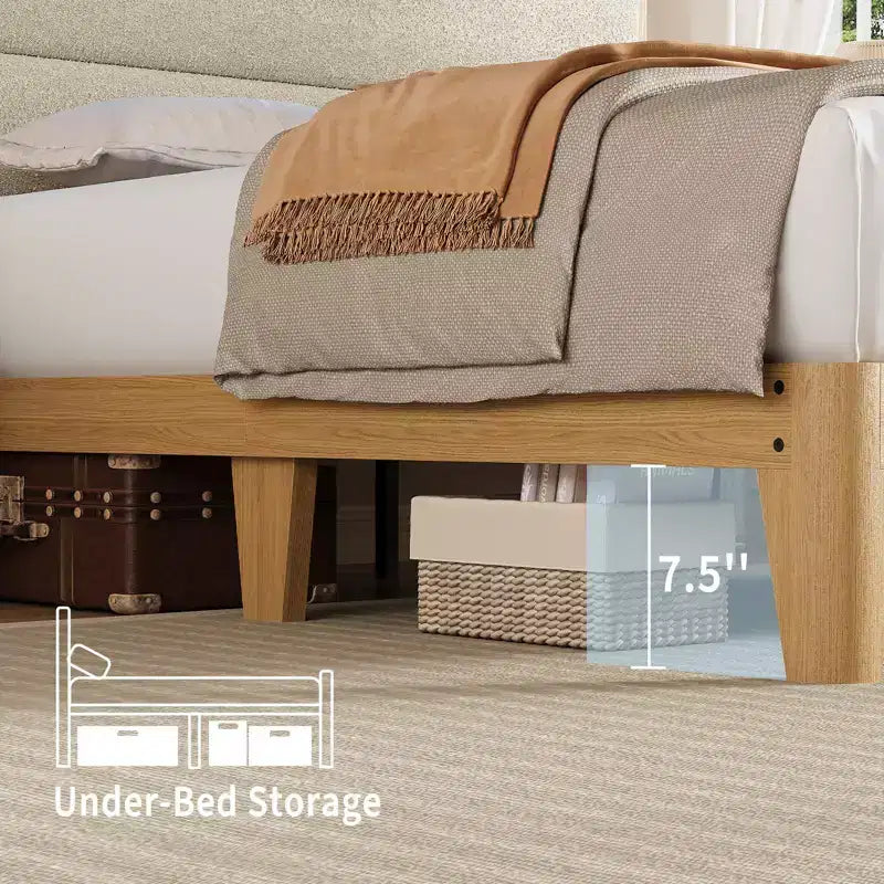 Queen Boucle Platform Bed with RGB LED Lights, Charging Station & Storage Shelf