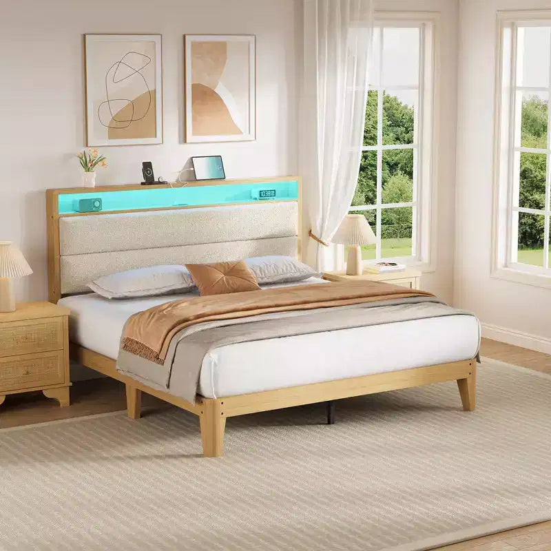 Queen Boucle Platform Bed with RGB LED Lights, Charging Station & Storage Shelf