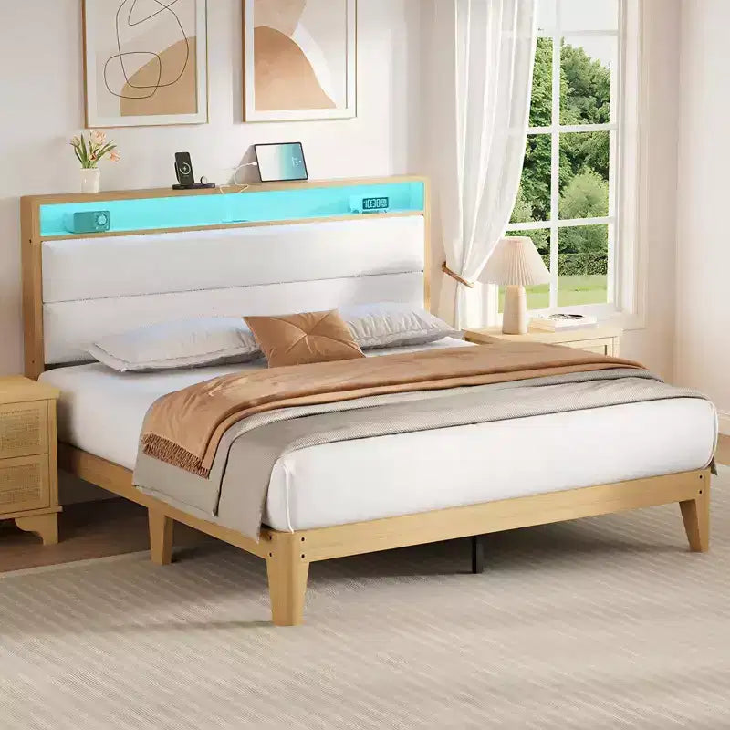 Queen Boucle Platform Bed with RGB LED Lights, Charging Station & Storage Shelf