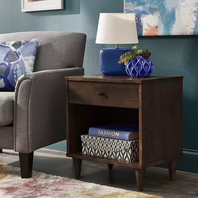 Mid-Century Modern 1-Drawer Wood Nightstand with Open Shelf, Brown
