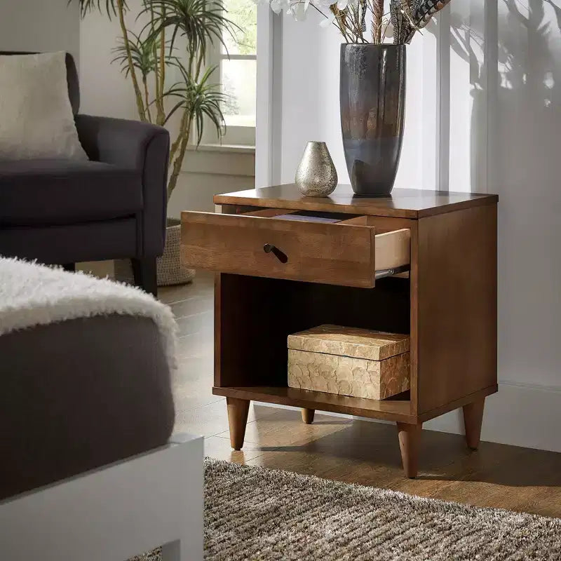 Mid-Century Modern 1-Drawer Wood Nightstand with Open Shelf, Brown