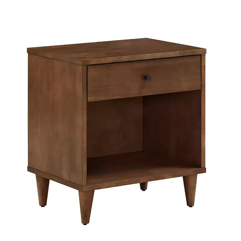 Mid-Century Modern 1-Drawer Wood Nightstand with Open Shelf, Brown