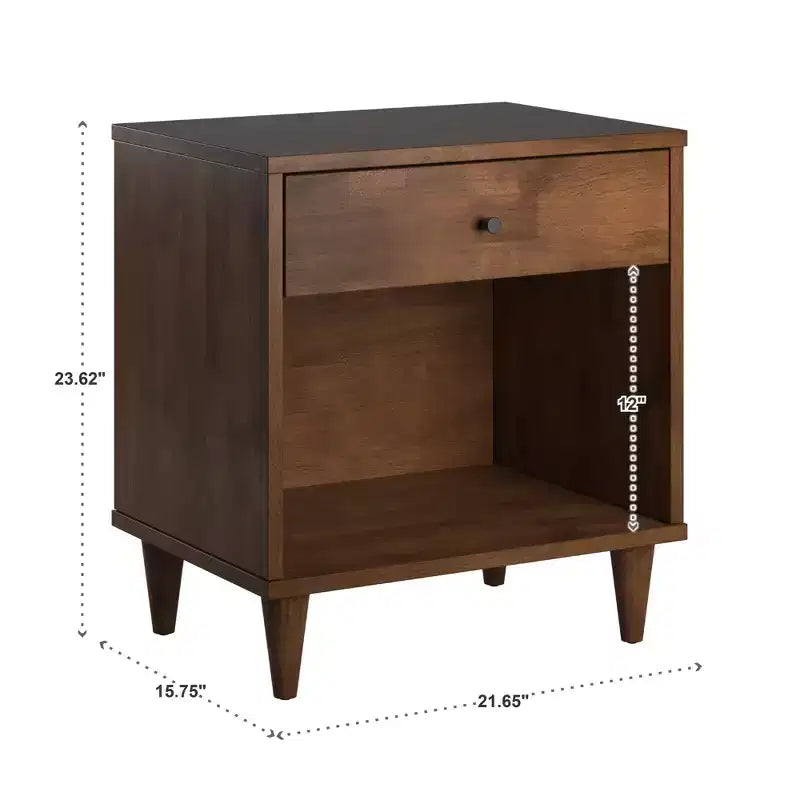 Mid-Century Modern 1-Drawer Wood Nightstand with Open Shelf, Brown