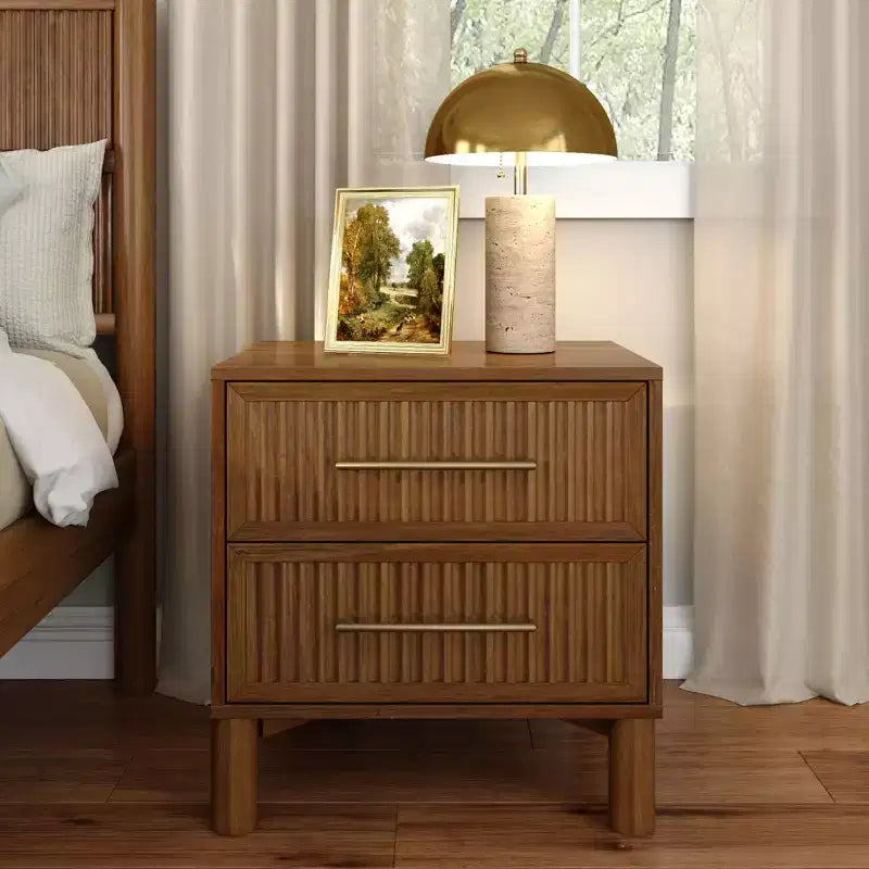 Fluted 2-Drawer Solid Pine Nightstand with Brass-Toned Pulls & Rounded Legs