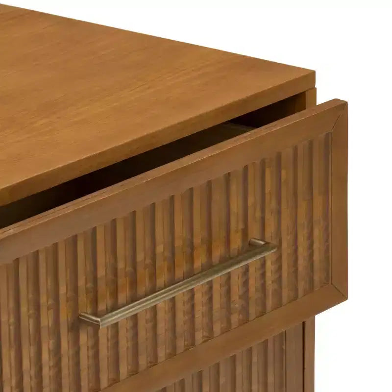 Fluted 2-Drawer Solid Pine Nightstand with Brass-Toned Pulls & Rounded Legs