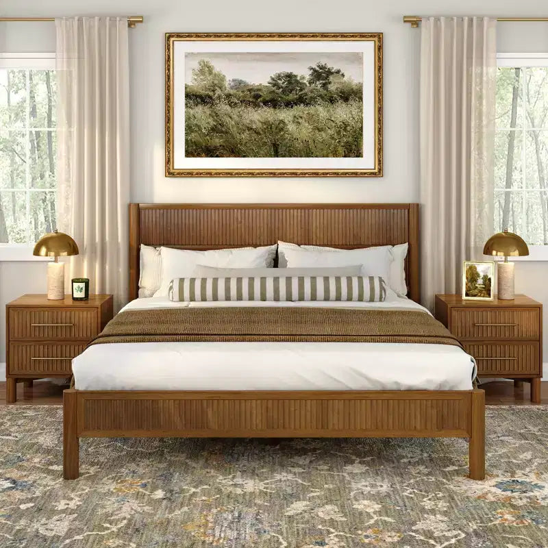 Fluted 2-Drawer Solid Pine Nightstand with Brass-Toned Pulls & Rounded Legs
