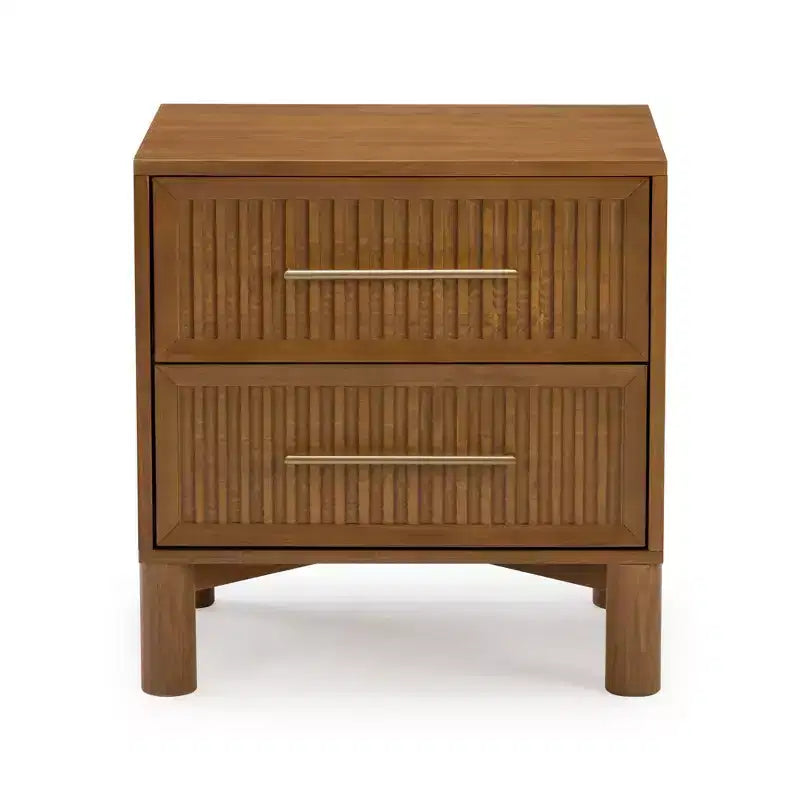Fluted 2-Drawer Solid Pine Nightstand with Brass-Toned Pulls & Rounded Legs