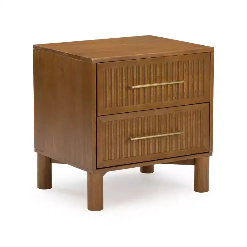 Fluted 2-Drawer Solid Pine Nightstand with Brass-Toned Pulls & Rounded Legs